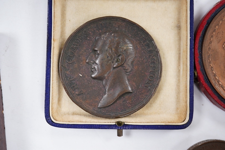 British commemorative medals, James Watt bronze medal, c.1826, 62.3mm, by T. and A.J. Stothard, cased, Wellington created Earl bronze medal, Parliamentary tribute 1812, by T Webb, two Exhibition of the Works of Industry